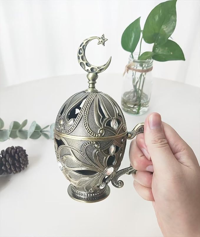 Hourwof Vintage Cone Incense Holder,Metal Incense Burner Holder with Cover,Bakhoor Burners,Incense Ash Catcher with Handle for Yoga Aromatherapy Meditation Home Office Decor,Moon Bronze