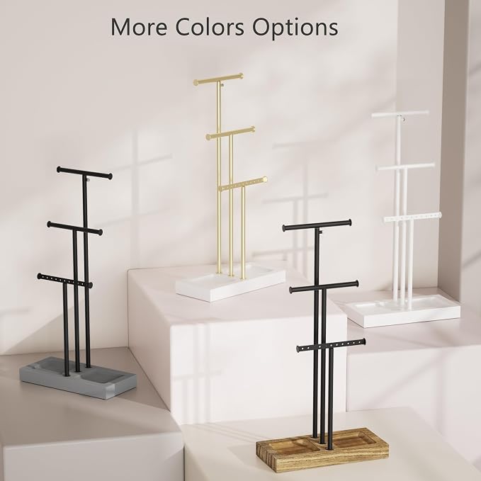 Love-KANKEI Jewelry Organizer 3-Tier,Adjustable Height,Carbonized Black | Metal Rod,Solid Wood Base,Easy to Install,Tree Style,Display Long Necklaces,Bracelets,Earrings,Rings,Watches,Bangles,Gift