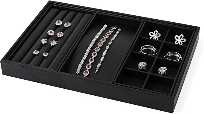 Oirlv Leather Multi-Function Jewelry Tray Black | Versatile Compartments for Rings/Earrings/Bracelets, Stackable Design