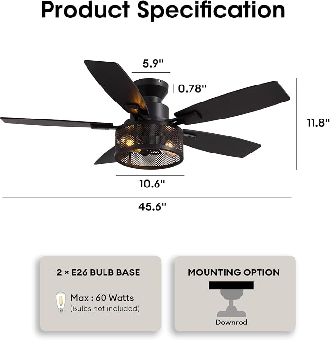 LuminFan Flush Mount Ceiling Fans with Lights and Remote Control, Low Profile Farmhouse Ceiling Fan with LED Lighting for Bedroom Living Room and Patio, Black Caged Ceiling Fan for Indoor and Outdoor
