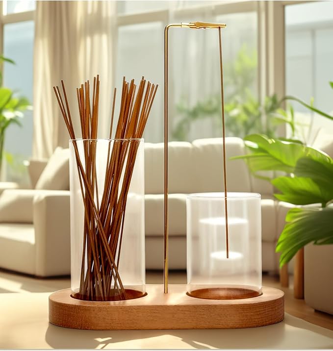 Glass Incense Holder for Sticks, Hang Upside Down Incense Burner with Storage & Ash Catcher, Anti-Ash 2 in 1, Comes with Brush & Greeting Card, Meditation Yoga Home Decor Gift (Light Base)