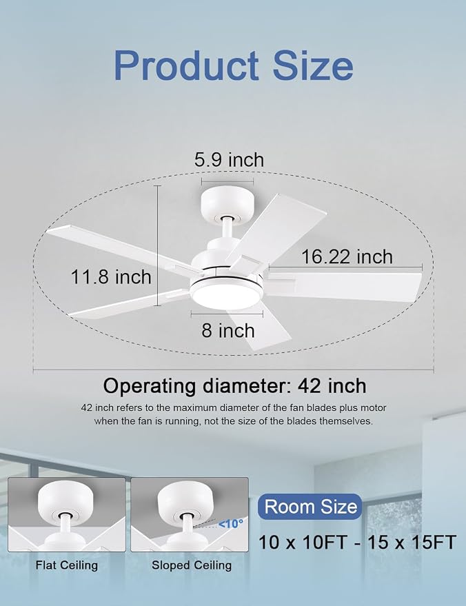 Modern Ceiling Fans with Lights - 42 inch Outdoor White Ceiling Fan with Light and Remote, Reversible DC Motor, 6-Speed Quiet 3CCT LED Dimmable for Bedroom, Indoor and Outdoor, Patios, ETL Listed