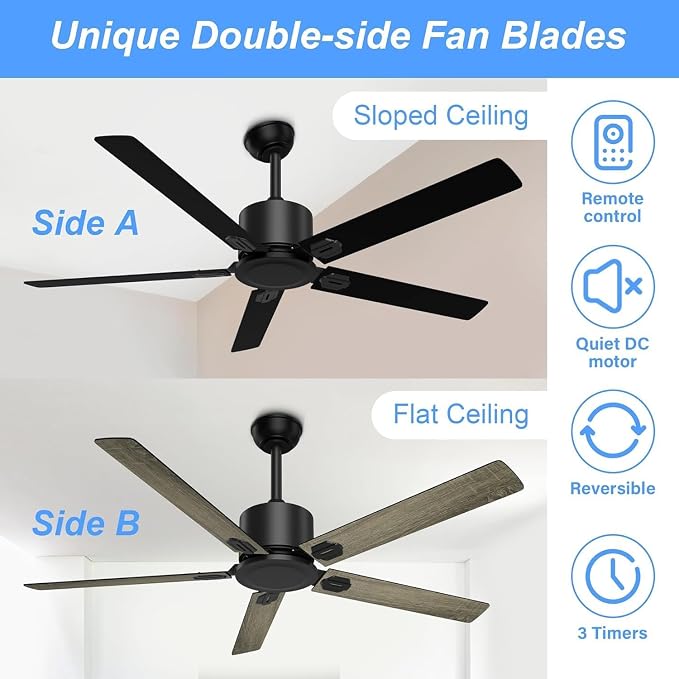 Obabala 52 in Black Ceiling Fan No Light, Outdoor Ceiling Fans with Remote Control without Light, 5 Blades, 6 Speed Reversible DC Motor Modern for Patios, Garage, Bedroom, Porch