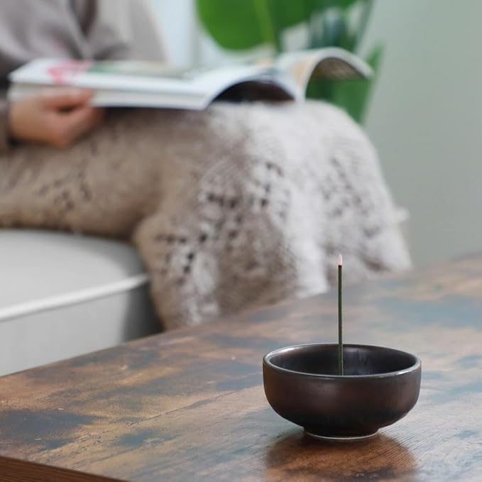 Asayu Japan Zen Incense Holder – 3.9" (100 mm) Ceramic Incense Bowl with Brass Burner, Made in Japan Mino Ware, Modern Wabi-Sabi Style in Metallic Black, Brown & Gold