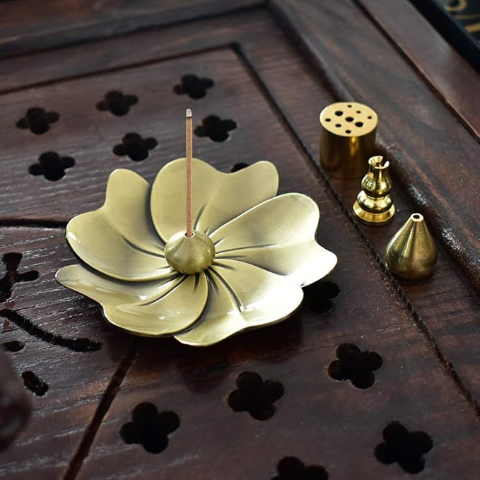 Sakura Flower Incense Holder, 5PCS Bronze Incense Burner Holder with Silk Pouch, Two Styles Drop-Shape, Cylinder Multihole and Gourd-Shape Ash Catcher Yoga Room Bedroom Home Fragrance