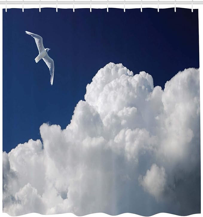 Ambesonne Seagulls Shower Curtain, Cloudy Sky and Flying Seagull Sunny Forecast Meteorology Cloudscape Image, Cloth Fabric Bathroom Decor Set with Hooks, 69" W x 84" L, Blue White