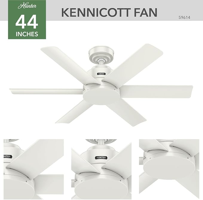 Hunter 44 inch Outdoor or Indoor Ceiling Fan No Light - White Ceiling Fan without Light, For Patio, Porch, Garage, or Living Room, Standard Mount, 6 Blades, Wall Control - Kennicott 59614, Fresh White