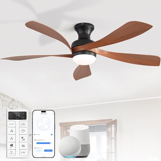 Sofucor Smart 52'' Low Profile Ceiling Fan with Lights and Remote, Flush Mount Ceiling Fan Work with APP/Alexa/Google for Farmhouse Bedroom Living Room Patio, Dimmable LED Quiet Reversible DC Motor