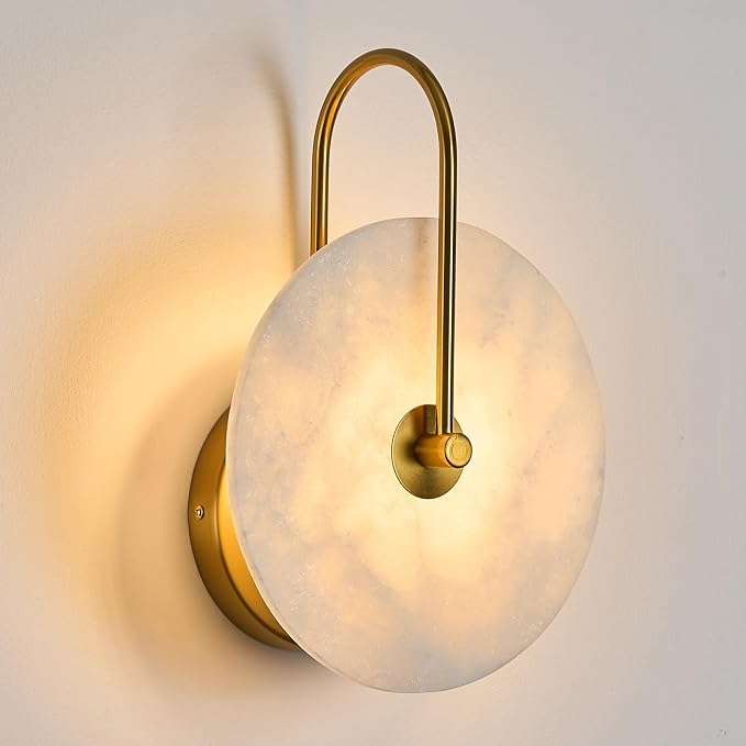 Round Alabaster Wall Sconce, Natural Marble Lampshade Wall Sconce, Hardwired Circular Sconce LED Modern Wall Lamp for Bedroom, Stairs, Living Room, Bedside, Hallway 7.84 Inch Gold