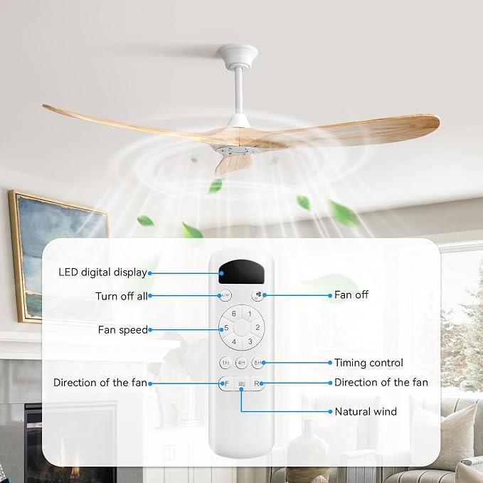 Sofucor 60 Inch Ceiling Fans No Light-Outdoor Ceiling Fan with Remote Control, 3 Blade Reversible DC Motor, Modern Wood Ceiling Fan Without Light for Bedroom Indoor Patios Farmhouse, Burlywood