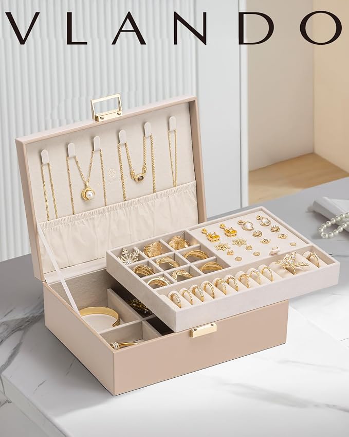 VLANDO Jewelry Box for Women, Gift for Women Girls,2 Layer Jewelry Box,Large Jewelry Organizer for Women Removable Jewelery Tray for Necklace Earrings Rings (Toffee)