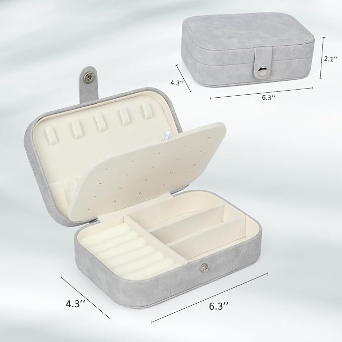 Hatori Travel Jewelry Box, PU Leather Small Jewelry Organizer for Women Girls, Double Layer Portable Mini Travel Case Display Storage Holder Boxes for Stud Earrings, Rings (Grey)