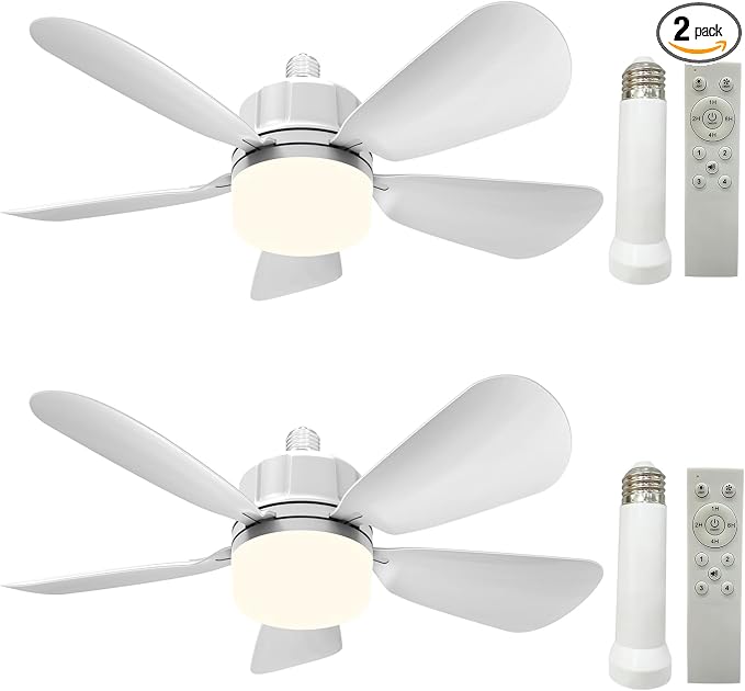 2Pack Socket Fan Light With Remote, Screw in Ceiling Fans with Dimmable Light, 3 Colors 3000K-6500K,Smart Ceiling Fan Light Kit Bulb for Bedroom Living Room Kitchen Garage Dinning Room