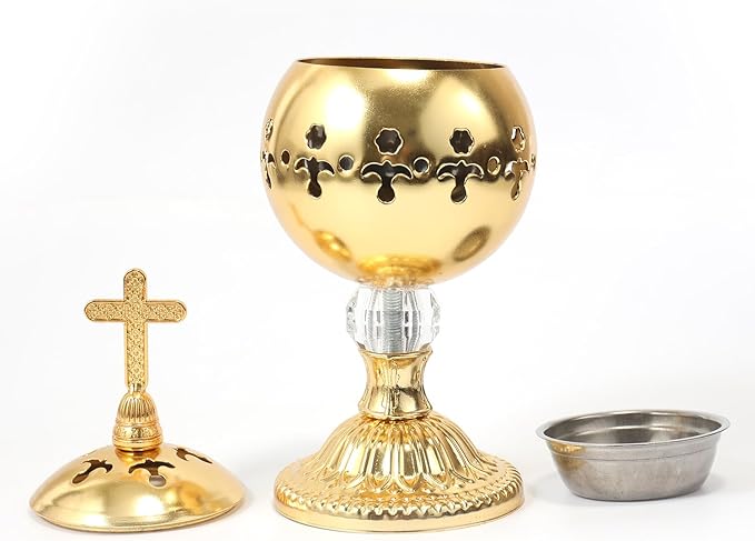 Nazareth Store Gold Incense Burner Charcoal Polished Brass Censer Christian Church Incense Holder Incense Cones Cross 7.9" Aromatherapy Fragrance Ornament