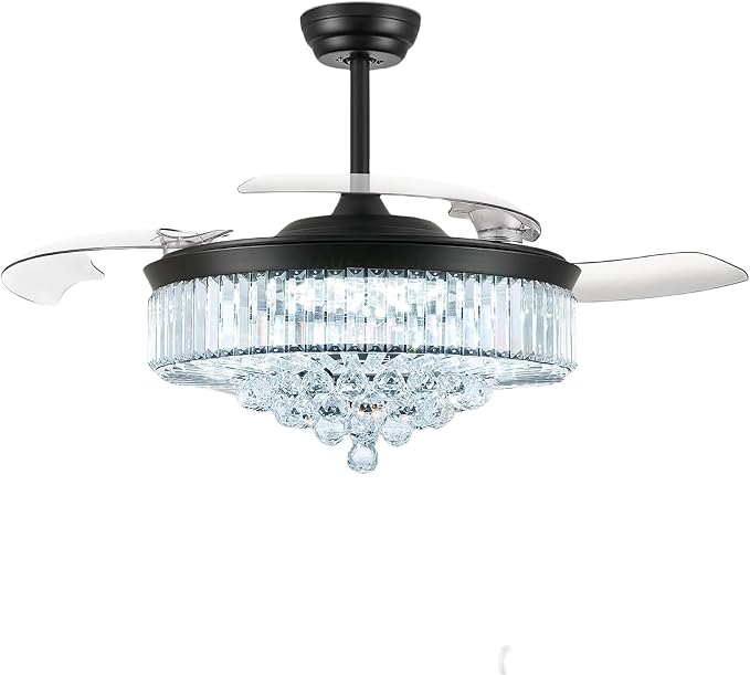 FIDGRA 52 Inch Fandelier Ceiling Fan with Light, Retractable Chandelier Fan, 3 Color Temperature, 6 Wind Speed, Crystal Ceiling Fan for Bedroom Living Room Dining Room-Black