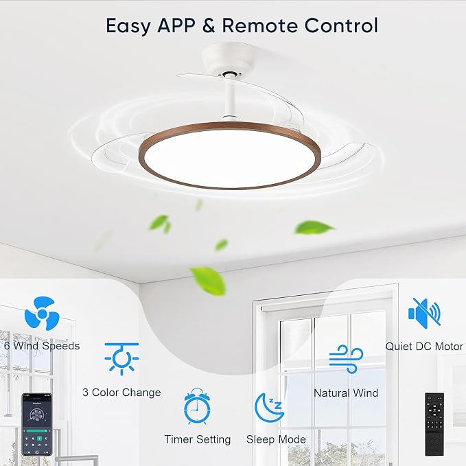 42 Inch Retractable Ceiling Fan with Lights, Fandelier Ceiling Fan for Bedroom Living Room Dinning Room, Chandelier with Fan 6 Speed, 3 Color Temperature, Reversible DC Motor-White