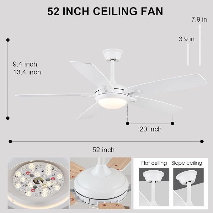 Kviflon 52 Inch Ceiling Fans with Lights and Remote, Modern Indoor Outdoor Ceiling Fan for Bedroom Living Room Patio Porch, 6 Speeds, Reversible Quiet Motor, Dual Finish Wooden Blades, White