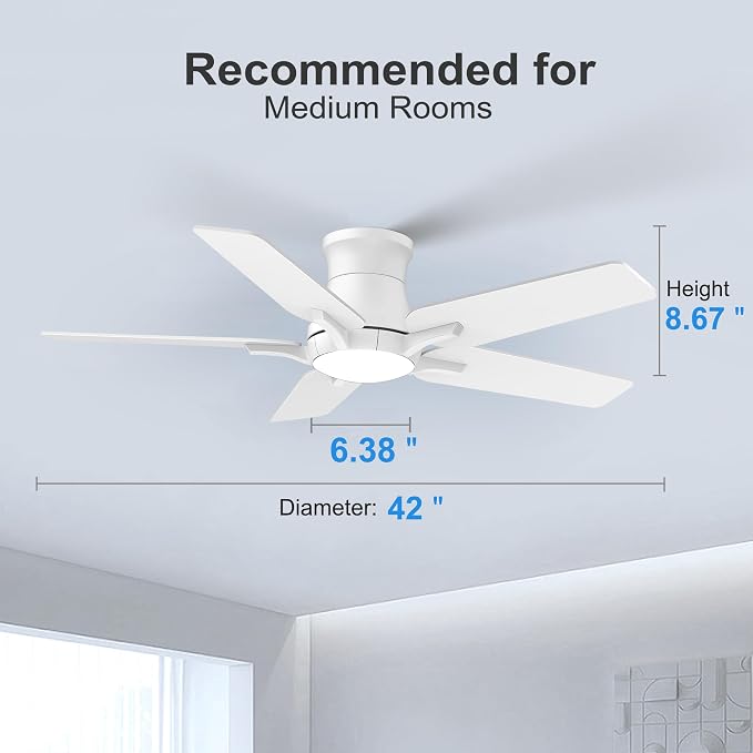 POCHFAN 42 Inch White Ceiling Fans with Lights and Remote, Flush Mount Low Profile Ceiling Fan for Bedroom, Living Room, Patio, Dimmable 6 Speeds Noiseless Reversible, ETL Listed
