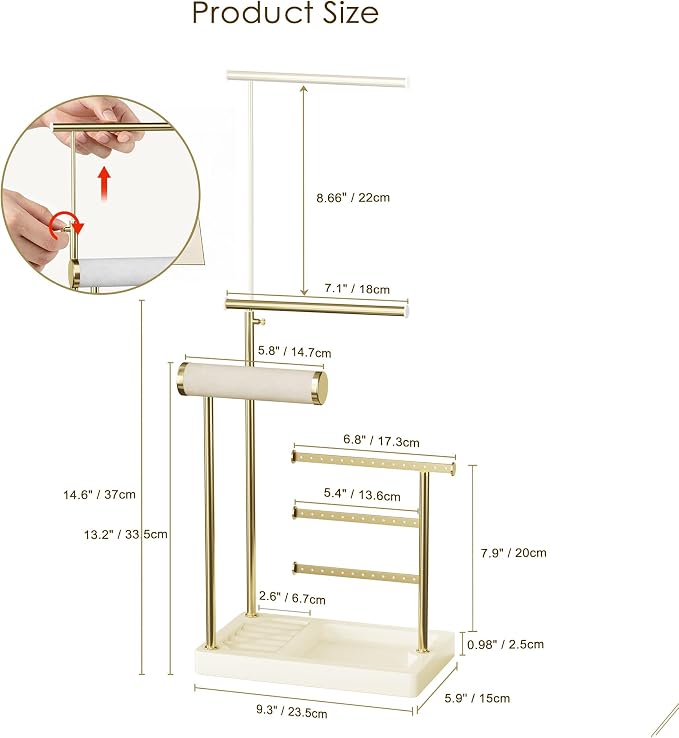 SZQINJI 5 Tier Jewelry Holder Organizer, Gold Necklace Stand Display, Beige | Velvet Bracelet Holder, Adjustable Height Jewelry Display for Necklaces, Bracelets, Earrings, Rings, Gift Idea for Women