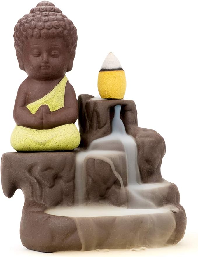 Incense Burner Smoke Waterfall Backflow Holder Ceramics Porcelain Buddha Little Monk Tower Cones Sticks Ash Catcher(Yellow)