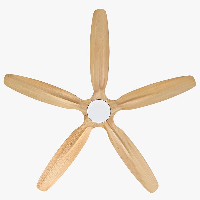 WINGBO 54" Flush Mount Ceiling Fan No Light - 5 Carved Solid Wood Blades, 6-Speed Reversible DC Motor, Dimmable, 3CCT, Low Profile Ceiling Fans without Lights for Bedroom Living Room, White and Oak
