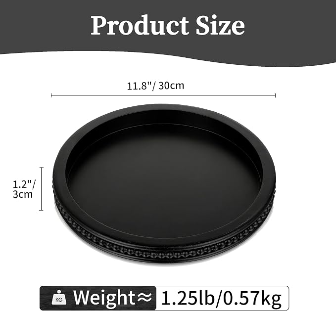 Hanobe Black Decorative Tray for Coffee Table, Round, Beaded Edge | 11.8-inch wood tray for living room, kitchen counter, or entryway table decor, holds candles, plants