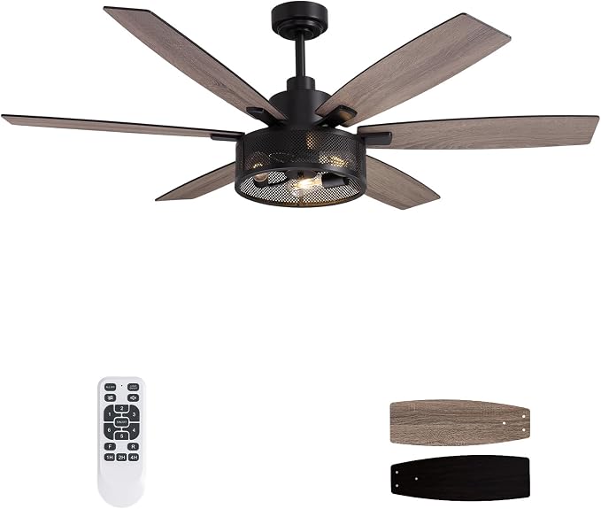 LuminFan 60 Inch Ceiling Fans with Lights and Remote Control, Farmhouse Ceiling Fan for Bedroom Living Room and Patio, Black Caged Ceiling Fan for Indoor and Outdoor