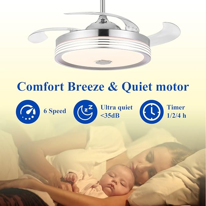 42 inch Retractable Ceiling Fan with Lights and Remote Control, 6Speed Dimmable Fandelier, RGB Modern Smart Ceiling Fan Light with Bluetooth Speaker, Reversible Bedroom