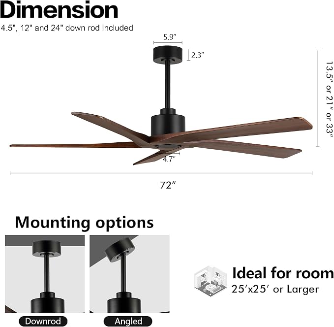 WINGBO 72" DC Ceiling Fan No Light with 3 Downrods, 5 Carved Solid Wood Blades, 6-Speed Reversible DC Motor, Large Ceiling Fan without Lights in Matte Black Finish with Walnut Blades
