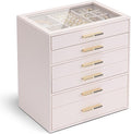 VLANDO 6-Drawer Jewelry Box with Glass Lid, Faux Leather Organizer for Rings Earrings Necklaces and More, Gift-Ready Jewelry Case for Women Girls or Moms, Pink Beige