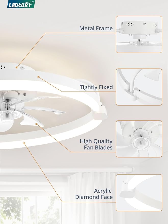 LEDIARY Ceiling Fans with Lights and Remote, 20'' Low Profile Ceiling Fan with Light, 3000-6000K Dimmable Fandelier LED Fan Light, 6 Wind Speeds, White Modern Flush Mount Ceiling Fan for Bedroom