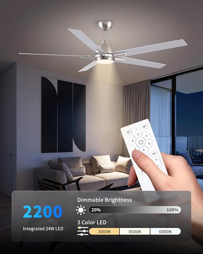 60 Inch Downrod Brushed Nickel Ceiling Fan with Light & Remote, ETL Listed | 6 Speed, Quiet DC Motor, 3-Level Timer Function, 3 Color Temperature, Forward/Reserve For all Seasons, Indoor/Covered Outdoor
