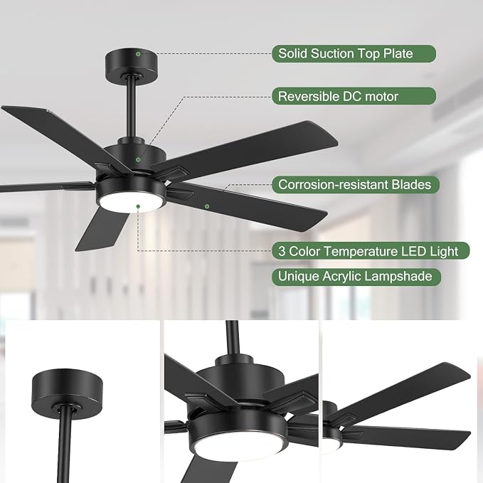 Ceiling Fans with LED Lights, 52 Inch 5-Blade Ceiling Fan Remote Control, Industrial Ceiling Fan with Reversible DC Motor, Downrod Mount LED Ceiling Light Chandelier for Bedroom (Black)