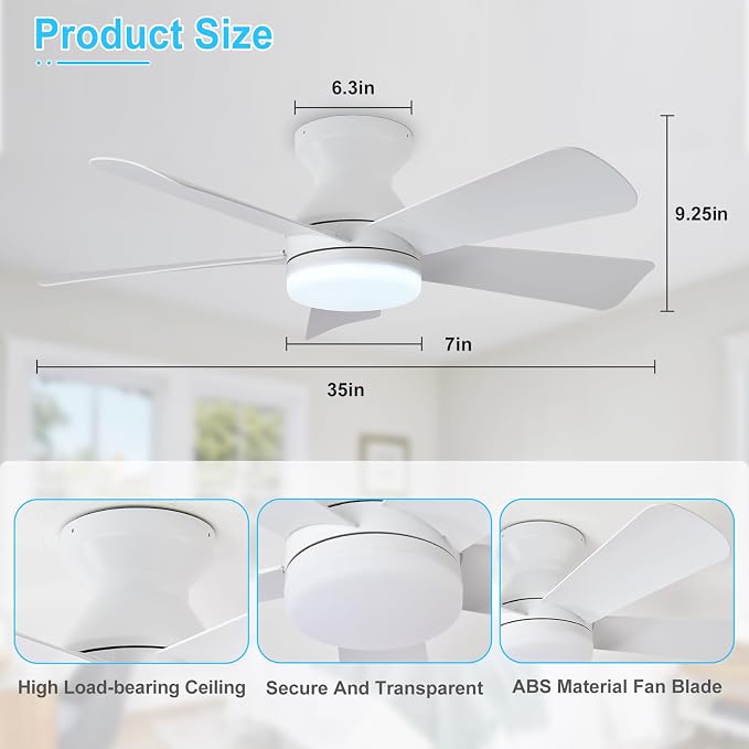 Depuley Modern Ceiling Fan with Light: 35-Inch White Small Fans for Bedroom Indoor Outdoor - Dimmable Low Profile Ceiling Fans with Remote Control Flush Mount 5 Reversible White Blades 6 Speeds Timer