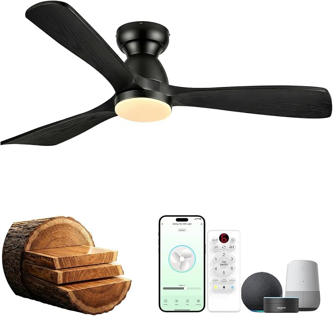 52in Smart Flush Mount Ceiling Fans with Lights,Outdoor Low Profile Wood Ceiling Fan Quiet DC Motor,Work with Alexa/Gg Voice Control/App/Remote,Dimmable,6-speed, Easy Install for Patio,Porch,Black