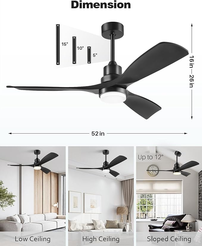 Ceiling Fan with Lights Remote Control, 52 Inch Black Ceiling Fans with 3 Downrods, 3 Blades, Timer, 6 Speed Modern Fan Quiet Reversible DC Motor for Patio Bedroom Outdoor/Indoor,52in,Black