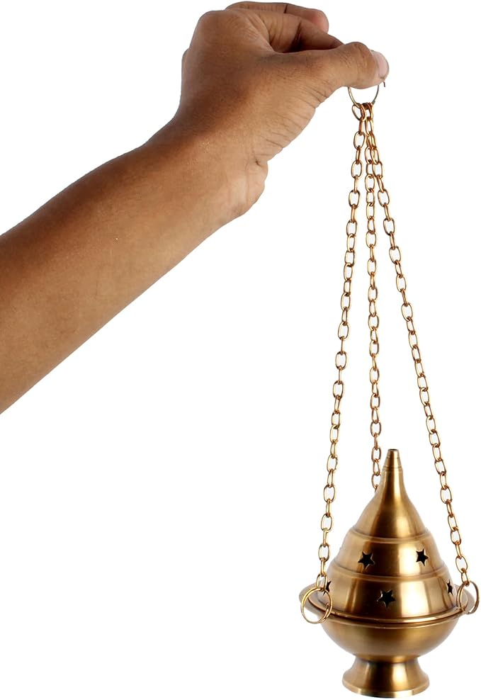 Brass Hanging Incense Burner Censer for Charcoal & Resin, Antique Brass Incense Holder with Chain, 4.5 Inch High