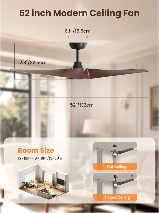 TALOYA 52 inch Modern Ceiling fan with Light, 3 Blades Ceiling Fans with Lights and remote, 3000K-6500K, Dimmable, Quiet, Outdoor Ceiling fan For Living Room, Bedroom, Patio, Farmhouse, Dark Walmut