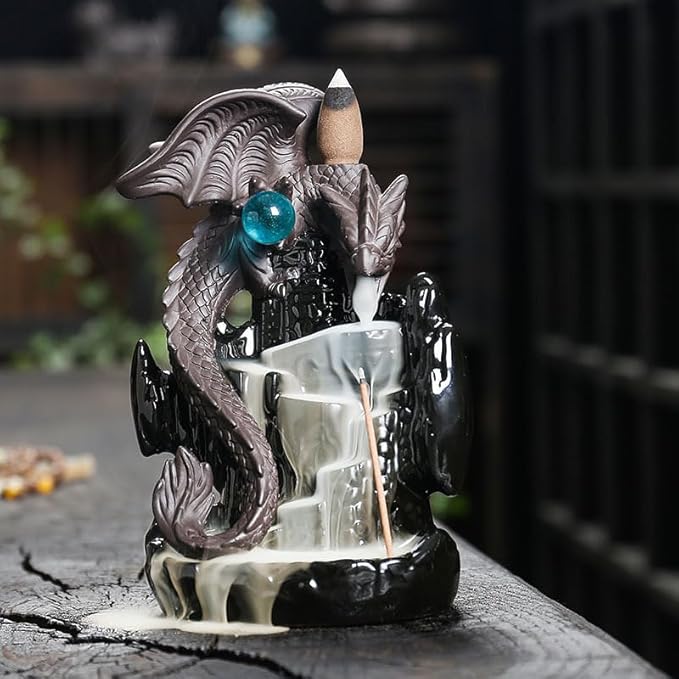 Dragon Backflow Incense Burner,Ceramic Incense Waterfall Burners, Incense Fountain Waterfall Holders,Incense Stick Holder with 30 Backflow Incense Cones and 20 Incense Sticks