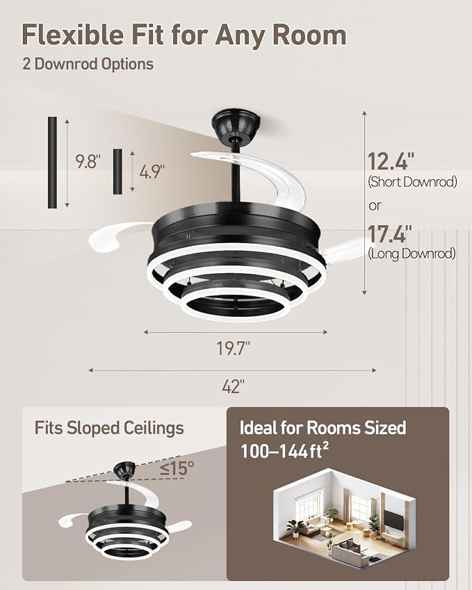 Retractable Ceiling Fans with Lights, 42" Fandelier Ceiling Fan with Light and Remote, Reversible, 3 CCT, Dimmable, Modern Chandelier Ceiling Fan for Bedroom, Living Room, Dining Room (Black)