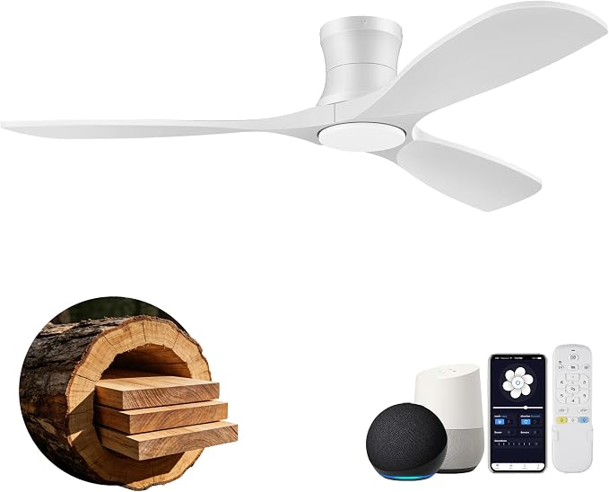 52” Smart Wood Ceiling Fans with Lights Remote,Low Profile Flush Mount Ceiling Fan with Alexa App Control,3 White Blades,Outdoor Indoor Use for Modern Bedroom Patio,Dimmable LED,6-speed,Quiet DC Motor