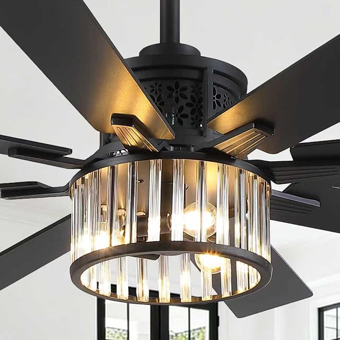 NKPU 52 Inch Farmhouse Crystal Ceiling Fans with Lights and Remote, Chandelier Industrial Ceiling Fan with Dual 8 Blades, 6 Speed Reversible Motor, Timing, Black Ceiling Fan for Living room Bedroom