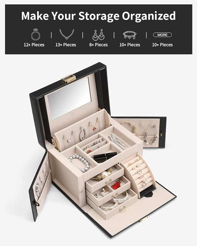 VLANDO Jewelry Box Organizer for Girls Women, Large Baroque Jewelry Holder Organizer with Mirror, 3 Drawers for Bracelets, Earrings, Rings, Necklaces, Mothers Day Gifts for Loved One, Black