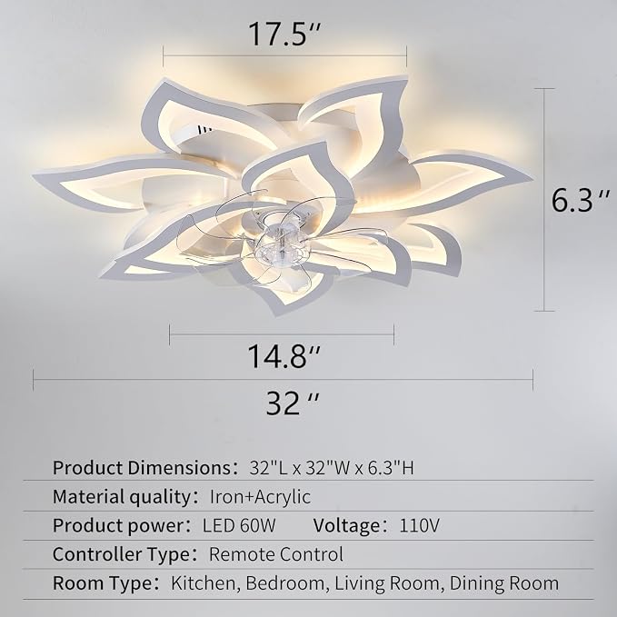 32inch White Flower Modern Ceiling Fans with Lights, Low Profile Ceiling Fan with Remote for Bedroom, Flush Mount Ceiling Fan with LED Dimmable Light,6-Speeds, Timing Ceiling Fan Light