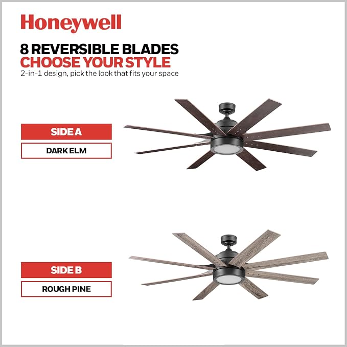 Honeywell Ceiling Fans Xerxes Modern 62 Inch Ceiling Fan with Light, Remote Control Fan, LED Indoor Fan with 8 Blades, Dark Elm and Rough Pine Blade Finish Options, Bronze (50609-01)
