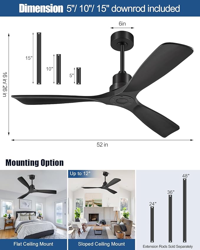 Ceiling Fans With Remote Control, Outdoor Ceiling Fan for Patios Indoor, 3 Downrods, 3 Blades, Timer, 6 Speed Reversible Quiet DC Motor Modern Fan Solid Wood Fan,52in, Matte Black