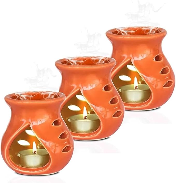 Pure Source India Ceramic Essential Oil Burner Wax Melt Burners |Aromatherapy| Ceramic Oil Diffuser| Candle Tealight Holder (Set of 1) Home Bedroom Decor Christmas Housewarming Gift, Orange