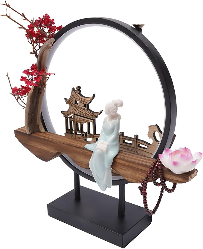 TFCFL Backflow Incense Holder with LED Light Ring, Chinese Style Handmade Flower Censer Incense Burner Home Decor Aromatherapy Ornament Incense Holders with Backflow, USB Cable (Red Plum)