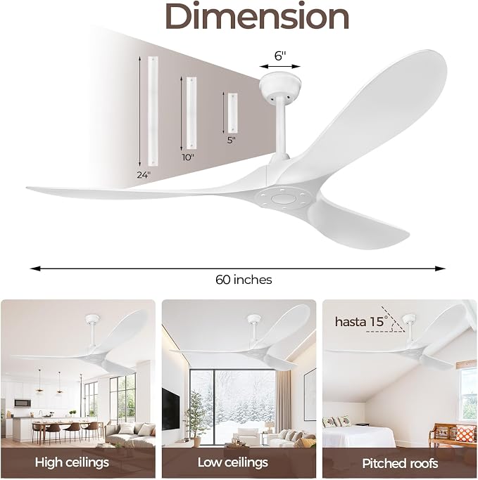 Obabala 60 Inch Ceiling Fan Without Lights, White | Outdoor Ceiling Fan with Remote, 6-Speed Adjustable Reversible DC Motor for Patio & Living Room