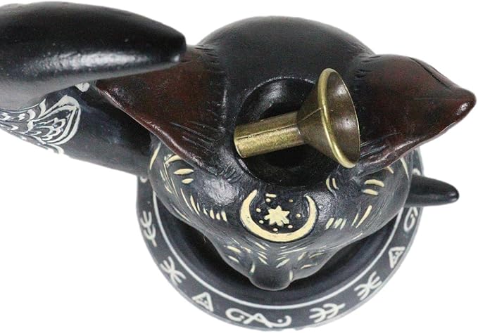 Ebros Gift Paranormal Occult Ouija Sacred Geometry Black Cat with Crescent Moon and Mandala Chakra Flower Backflow Cone Incense Burner Holder with Cascading Smoke Pool Waterfall Effect Figurine